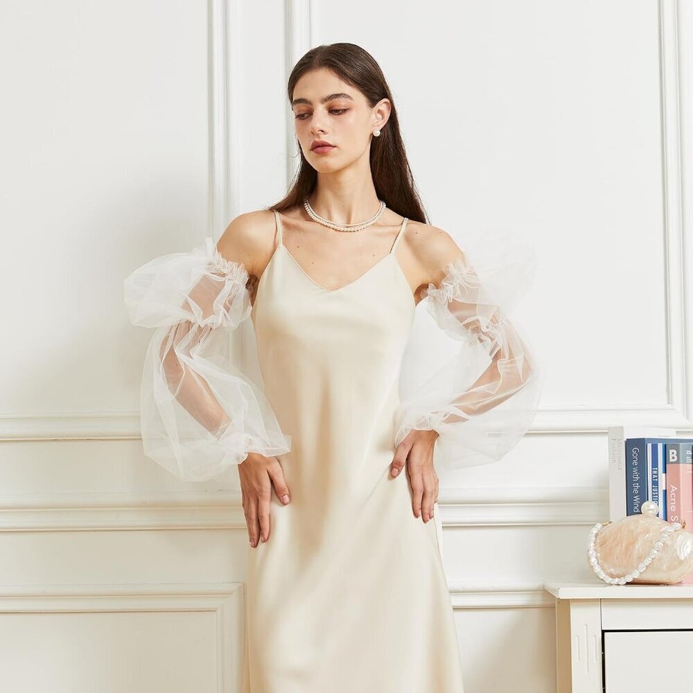 Women's White 2 Satin Tulle Ruffled Puff Long Gloves Banquet Wedding Party - Picture 2 of 7